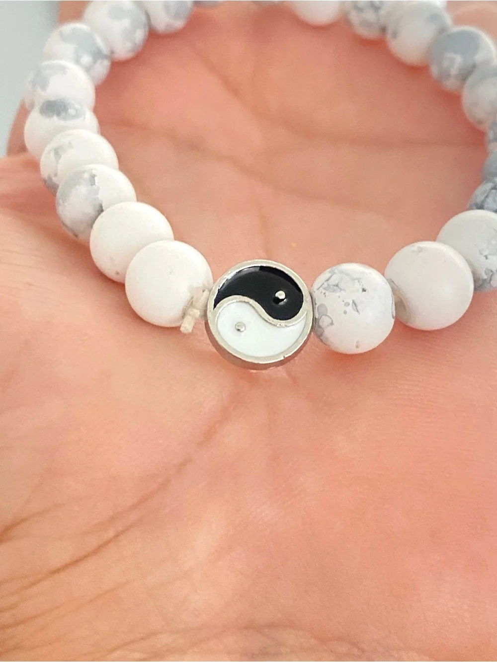 Yin Yang Beaded Stretch Bracelet Set - Black and White